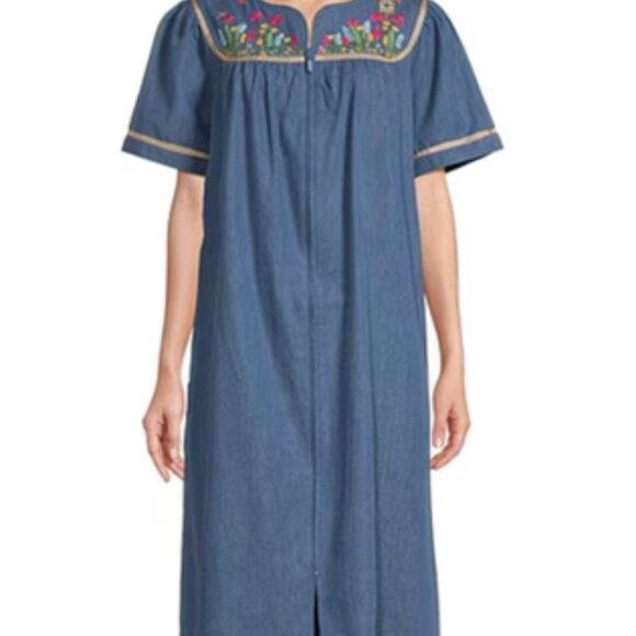 Go Softly Patio Woman Denim House Dress Coat Lounge NEW NWT Size 3X Bird Houses - Picture 2 of 13